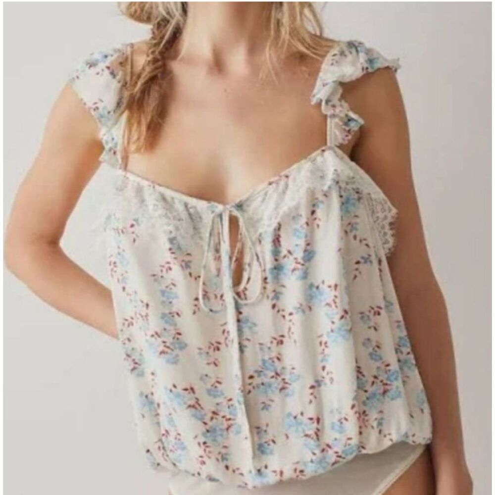 Free People Intimately FP Cream Floral Lace Trim Bodysuit Size Small